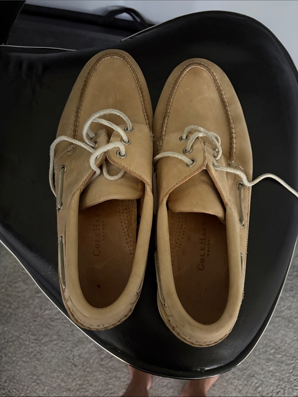 Cole Haan Men's Tan Nubuck Boat Shoes with White Laces